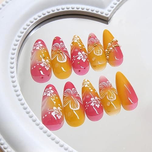 24Pcs Flower Press on Nails Medium Almond Fake Nails 3D Floral with Gold Pearl Rhinestones Glitter Glossy Design Orange Full Cover Stick on Nails Spring Summer False Nails for Women Acrylic Nails thumbnail 4