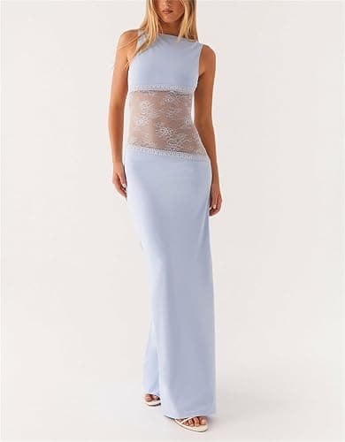 Women Sexy Hollow Out Maxi Dress Sleeveless Backless Lace Pachwork Bodycon Long Dress Y2k Going Out Party thumbnail 6