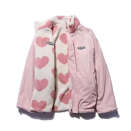 Sumleno Women's Fleece Sherpa Jackets Reversible Kawaii Heart Print Fuzzy Zip Up Cutecore Coats Aesthetic Y2k Gyaru Clothes - Image 1
