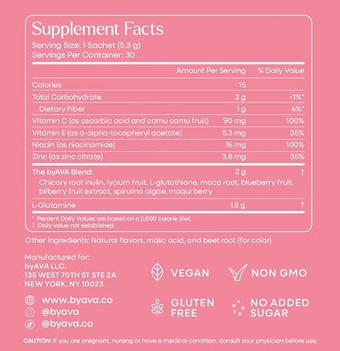 byAVA Skin and Gut Prebiotic Booster Powder, L-Glutamine 1500mg, 30ct | Camu Camu Vitamin C, Zinc + Niacinamide for glow; spirulina, goji & maqui berry superfoods; vegan, no added sugar thumbnail 8