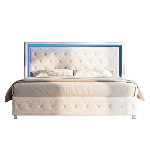 Jocisland Queen Bed Frame with LED Lights Headboard&Footboard, Velvet Upholstered Queen Size Platform Bed Frame No Box Spring Needed/Cream thumbnail 9