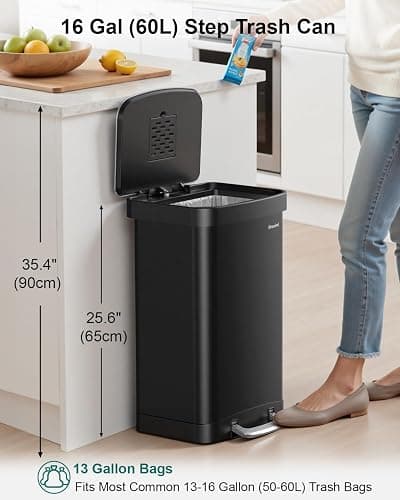 Lovewind Kitchen Trash Can, 16 Gallon Stainless Steel Garbage Can with Soft-Close Lid, Large Metal Trash Bin with Removable Fluid Tray, Indoor & Outdoor Waste Container for Kitchen Office, Black thumbnail 2