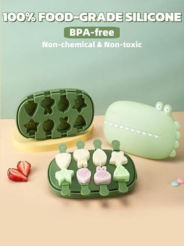 Silicone Popsicle Molds, Dinosaur Animal Small Mini Popsicles Molds, Fun Shaped Homemade Ice Popsicle Molds Set, BPA Free (Green-crocodile(8 pieces)) thumbnail 3