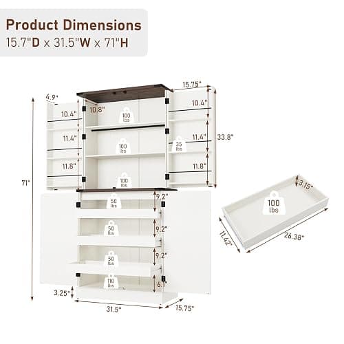 Farmhouse Kitchen Pantry Cabinet with 3 Drawers,71" Tall Rustic Wood Storage Cabinet with 6 Door Shelves,with Load-Bearing Steel Pipe,Pantry Organizers for Kitchen,Dining Room(Rustic Off White) thumbnail 2