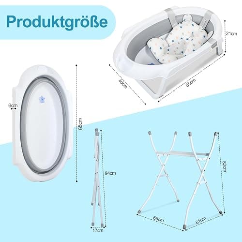 Ansobea - Vasca da bagno pieghevole con supporto antiscivolo, tappetino da bagno e inserto per vasca da bagno per neonati e bambini, Grigio thumbnail 3