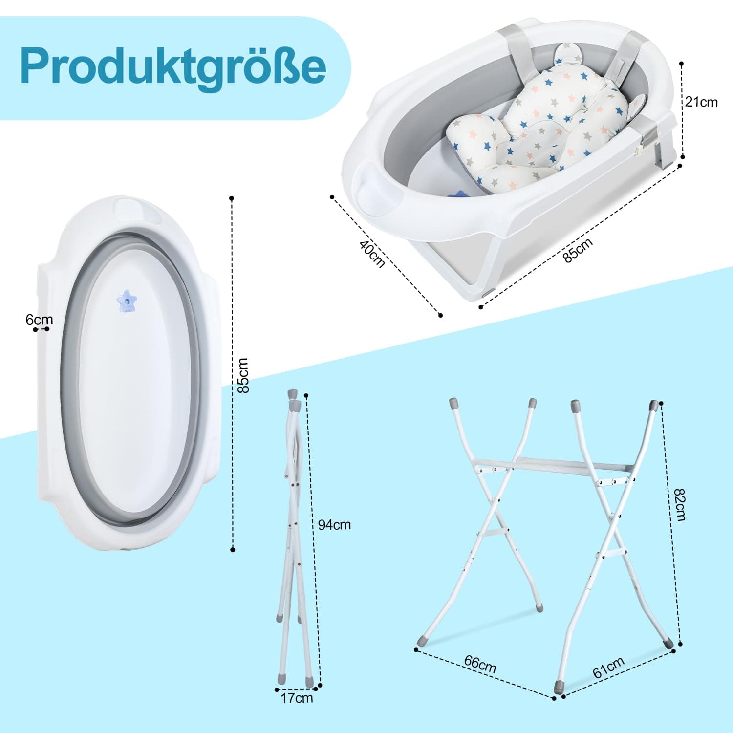 Foldable Bathtub with Non-Slip Stand, Bath Mat and Bathtub Insert for Newborns and Toddlers, Grey thumbnail 2