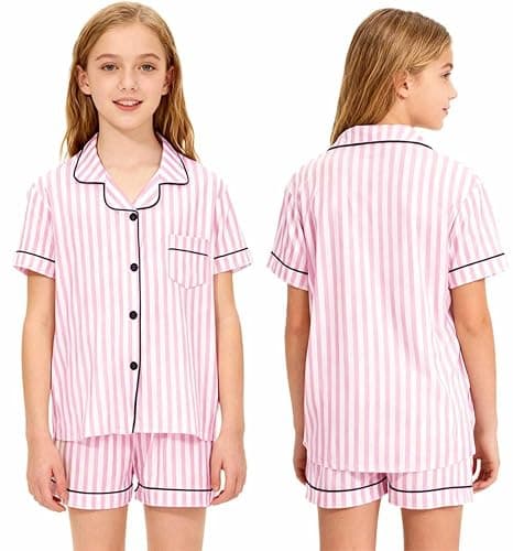 SANGTREE Unisex Kids Pajamas 2 Piece Set Short Sleeve Silky Button Down Sleepwear Loungewear for Boys & Girls Ages 5-14 Years - Image 1