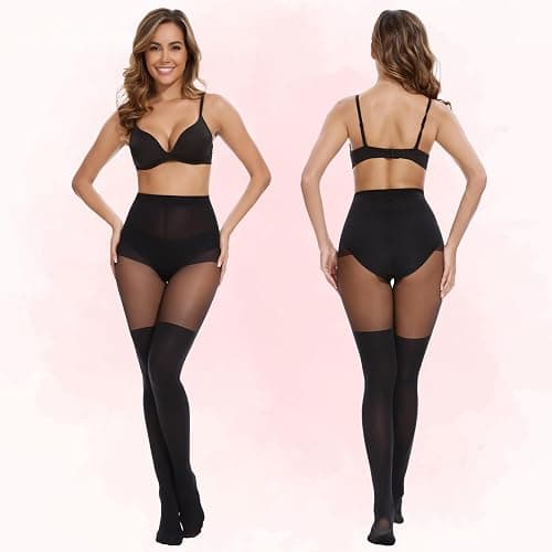MANZI Women's Faux Thigh High Tights Mock Over the Knee Socks Black Opaque Goth Tights Stitching Sheer Pantyhose thumbnail 5