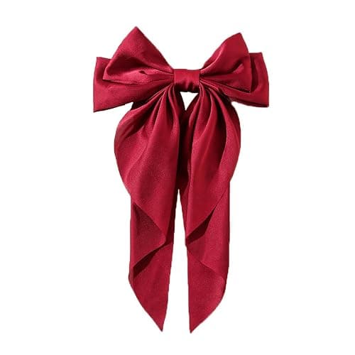 Yuyeran Super Big Bow Hair Clips French Style Soild Color Knotted Bowknot Spring Snap Barrettes Hair Clips with Long Ribbon for Women Girls (Wine Red) - Image 1