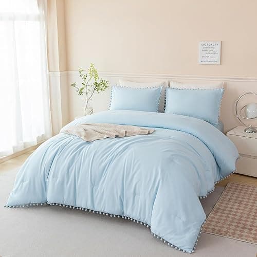 PERFEMET 5 Pieces Twin Bedding Sets Light Blue Pom Pom Comforter for Girls | Soft Fluffy Solid Bed Sets for Bedroom All Season Boho Bed in A Bag for Kids Women with Comforter, Sheets & 2 Pillowcases - Image 1