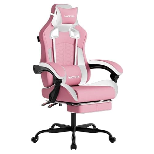 WOTSTA Gaming Chair with Massage,Ergonomic PC Gaming Chair with Footrest Comfortable Headrest and Lumbar Support,High Back Game Chair PVC Leather,300LBS (Pink) - Image 1
