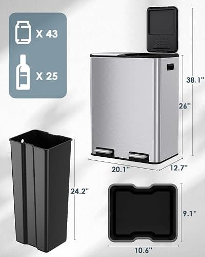 Arlopu 16Gal Dual Trash Can w/2 Built-in Box for Odor Control, Hands-Free Kitchen Garbage Bin, Recycle Waste Dustbin, Soft-Close Lid, 2 Buckets,Foot Pedal, Side Handle, Airtight,for Home Office thumbnail 2