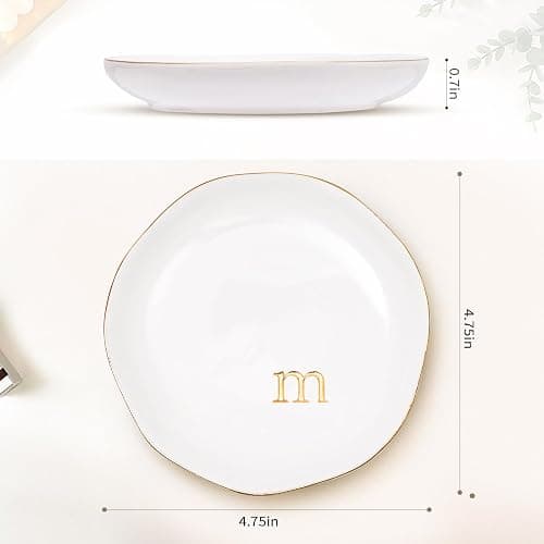 Fyshipin Ceramic Jewelry Tray,Decorative Trinket Dish for Room Decor,Birthday Valentine's Day Mother's Day Graduation Christmas Personalized Gift for Women, 4.75", Gold Rim,Engraved Initial m thumbnail 3