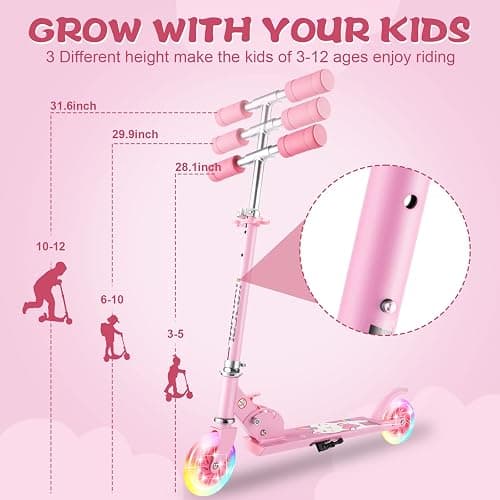 Scooter for Kids Ages 3-12 - Kids Kick Scooters with Led Light Up Wheels & 3 Levels Adjustable Handlebar, Lightweight Foldable 2 Wheel Girly Pink Scooter Christmas Birthday for Girls Boys. thumbnail 2
