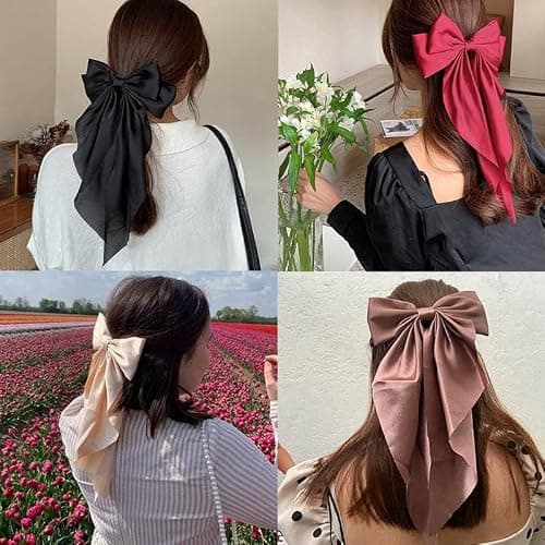 Yuyeran 2Pcs Super Big Bow Hair Clips French Style Soild Color Knotted Bowknot Spring Snap Barrettes Hair Clips with Long Ribbon for Women Girls (WineRed+Black) thumbnail 3