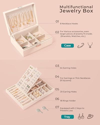 WRSION Jewellery Box Organiser, 2 Layer Jewelry Organizer with 2 Keys, Large PU Leather Jewelry Storage Case with Removable Tray for Rings Earrings Necklace, Jewellery Box for Women Girls (White) thumbnail 5