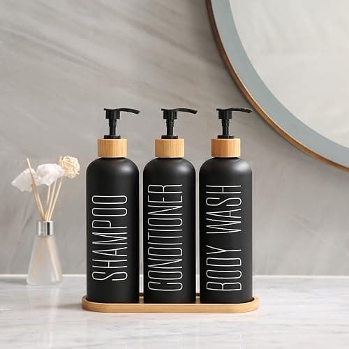 Prus Waso Shampoo and Conditioner Dispenser, Contains Shampoo Conditioner Body Wash Dispenser. Shower Dispenser with Bamboo Pumps & Tray, Perfect for Bathroom Essentials for New Home. (Black) - Black thumbnail 2
