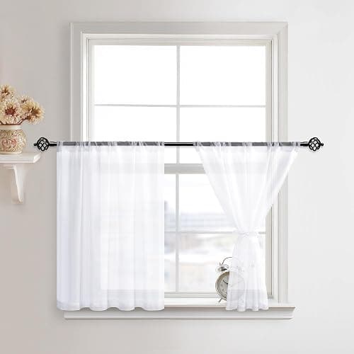 Hiasan Short White Sheer Curtains 36 Inches Length, Light Filtering Voile Drapes Airy Breathable Rod Pocket Kitchen Curtains for Small Window, 52 Inches Width, 2 Panels - Image 1