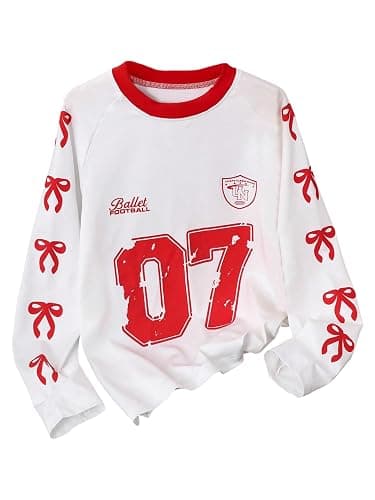 RoseSeek Girl's Jersey Bowknot Graphic Number Print Tees Long Sleeve Crew Neck Shirts Cute Tee Tops Streetwear - Image 1