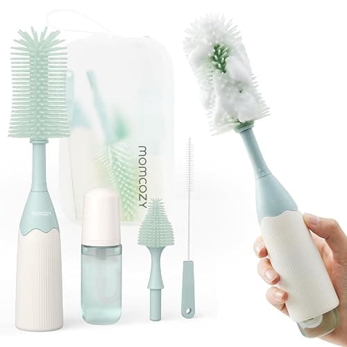 Momcozy Bottle Brush Kit, Innovative Push-Press Design for Better Cleaning - Baby Bottle Cleaner Brush for Baby Bottle, Breast Pumps, Nipples, and More - Can Generate Foam for Better Cleaning, Green - Image 1