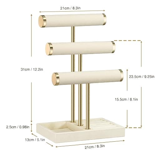 3 Tier Bracelet Holder Display - Beige Velvet Jewelry Organizer Stand, Detachable T Bar Jewelry Holder for Bracelet, Necklace, Watches, Rings thumbnail 3