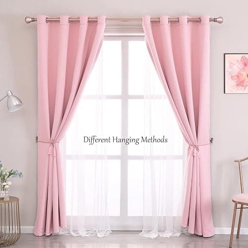 SOFJAGETQ Pink Curtains 84 inch Length - Double Layers Blackout and Sheer with Lace Hem Window Curtains & Draperies Panels for Kids/ Girls Bedroom Living Room Nursery, 2 PCs - 52 x 84 White thumbnail 2