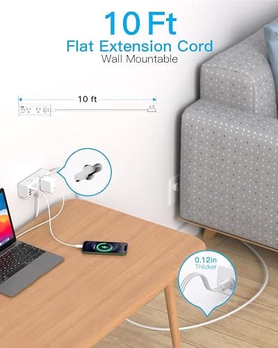 One Beat 10Ft Extension Cord with Multiple Outlets,Flat Plug Power Strip Surge Protector with 10 Ft Long Cord,6 Outlet 4 USB Ports (2USB C),Multi Outlet Wall Plug for Travel,College,Dorm Essentials thumbnail 2