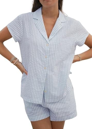 codcm Womens Striped Pajama Set Cute Heart Pjs Sleepwear Short Sleeve Shirt and Shorts Set - Image 1