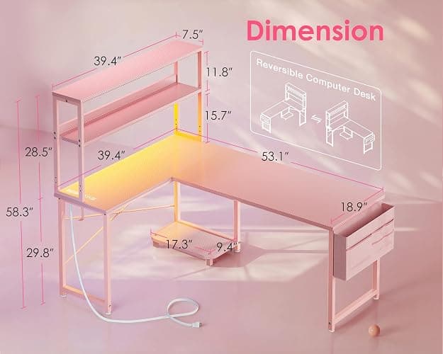 AODK L Shaped Desk Gaming Desk with LED Light & Power Outlet, 53 Inch Reversible L Shaped Computer Table with Shelf & Storage Bag & Hook for Home Office, Pink thumbnail 3