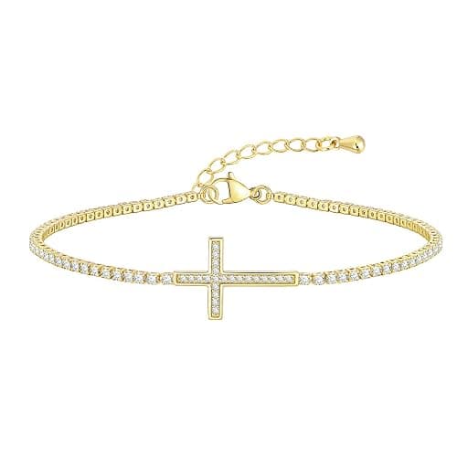 Cross Tennis Bracelets for Women : Classic Bracelet Cubic Zirconia with 14K Gold Plated Religious Wrist Chain Trendy Adjustable Link Chain Jewelry Gifts - Image 1