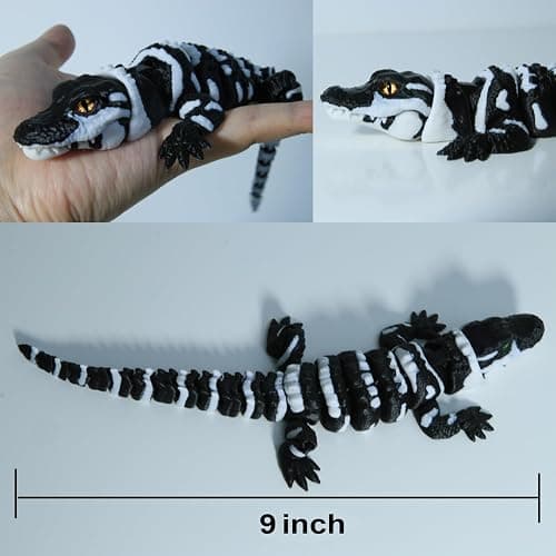 coonoe 3D Printed Articulated Crocodile - Opening Mouth and Glass Eyes - Flexible Joint Animal Models - Surprise Gifts for Fidget Enthusiasts - Made from PLA - Black and White thumbnail 3