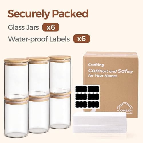 ComSaf 950ml Glass Storage Containers with Lids, Glass Jars with Bamboo Lids, Clear Food Storage Jar, Round Canister Set of 6, Pantry Organizers and Storage for Pasta Flour Rice Tea Coffee Bean thumbnail 8