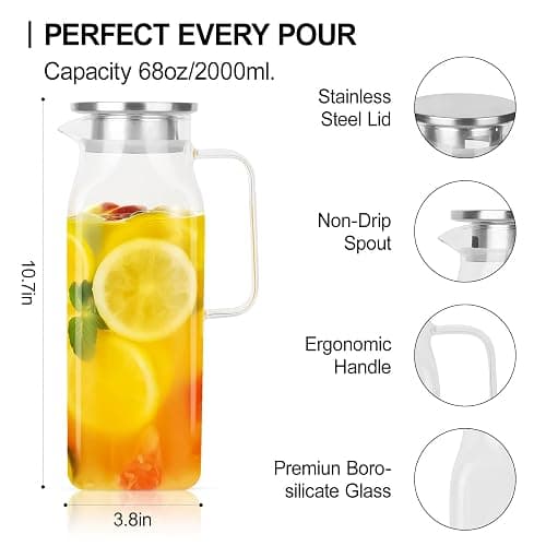 2 Pack (2 Liter 68 oz) Square Glass Pitcher with Lid and Spout, Easy Clean Heat Resistant, Borosilicate Glass Carafe for Hot/Cold Drink, Large Jug for Iced Tea, Coffee, Juice, Milk, Beverage thumbnail 3