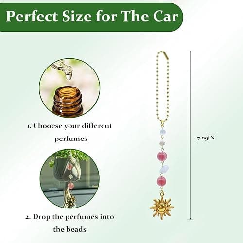 Sun Hanging Car Charm,Green and Gold Rear View Mirror Accessories Cute Boho Dangling Sun Car Decor Handmade Healing Crystals Stones Ornament Gifts for Women Men (Pink) thumbnail 3