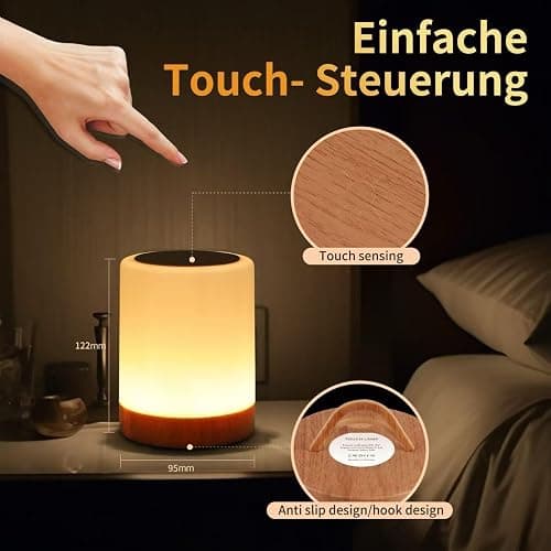 OORUN Touch Bedside Table Lamp,13 RGB Colors & 5 Brightness, USB Rechargeable Desk Lamp, Remote Control Dimmable Night Light with RGB Color Changing,Portable Lamp for Baby, Bedroom, Living Room - Brown thumbnail 2