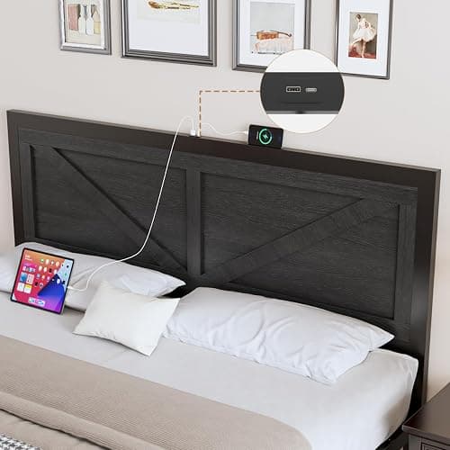 DOGIBIXO Full Size Bed Frame with Led Lights and USB Charging, Industrial Platform Bed Frame with Farmhouse Barn Door Headboard, Strong Metal Slats Support, Noise Free, No Box Spring Needed, Black thumbnail 5