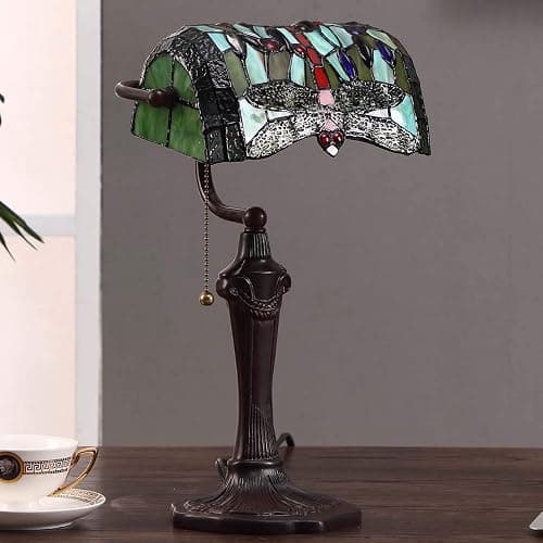 Bieye L10058 Dragonfly Tiffany Style Stained Glass Banker Table Lamp with 10-inch Wide Lampshade and Zinc Base for Reading Working Desk (Green) thumbnail 5