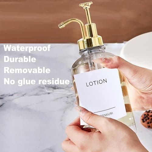 Dish Soap Dispenser for Kitchen, Hand Glass Soap Dispenser Set with Pump, Tray, Funnel for Bathroom, Shower, Laundry, Liquid, Lotion (Gold 2 Pack 18 Oz Clear Bottles with 12 Stickers) thumbnail 7