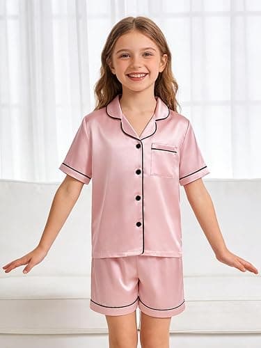 Vopawetty Satin Pajamas for Girls, 4-Piece Short Sleeve Button Down Silky PJ Set thumbnail 2