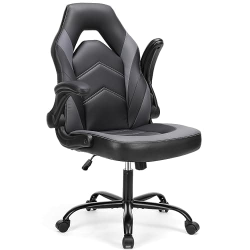 DUMOS Gaming Ergonomic Office Chair for Adults, Height Adjustable Computer Desk Chair with Flip-up Armrests, PU Leather Swivel Video Game Chair with 360° Rolling Wheels, Grey - Image 1