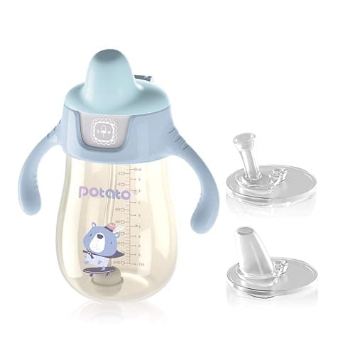 POTATO Sippy Cups for Toddlers with Straw Spill Proof, PPSU Learner Cup with Handle for Boy, Water Bottle for Baby 6 Months with 2 Type of Spout, 10 Ounce Blue - Image 1