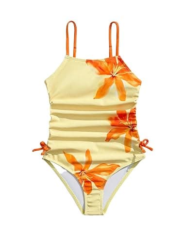 Floerns Girl's One Piece Swimsuit Flower Bow Side Ruched Beach Vacation Bathing Suit - Image 1