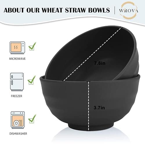 Wrova Wheat Straw Bowls Set 60 OZ Unbreakable Large Cereal Bowls Set of 6 Microwave and Dishwasher Safe Bowls Big Bowls for Camping and Picnic BPA Free Soup Bowl for Serving Oatmeal and Salad. Black thumbnail 3