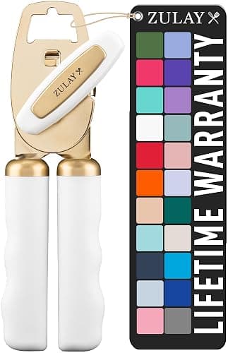 Zulay Kitchen Heavy Duty Stainless Steel Can Opener Manual with Bottle Opener - Rust Proof Manual Can Opener With Turn Knob & Comfy Soft Grip Handles - White & Gold - Image 1