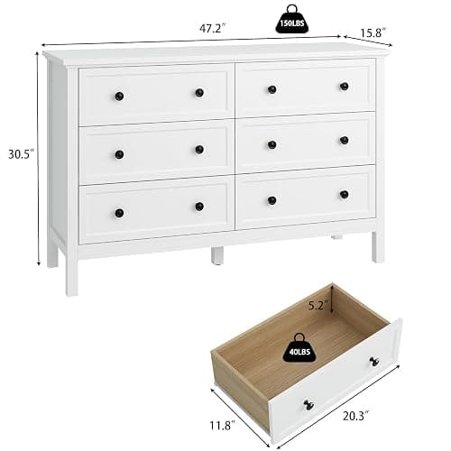 CARPETNAL White Dresser for Bedroom, 6 Drawer Dresser with Wide Drawer and Metal Handles, Wood Dressers & Chests of Drawers for Hallway, Entryway. thumbnail 3