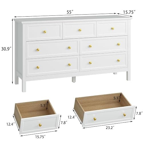 CARPETNAL White Dresser for Bedroom, 7 Drawer Dresser with Wide Drawers and Gold Metal Handles, 55" White and Gold Dressers TV Stand, Modern Dressers & Chests of Drawers for Hallyway, Entryway thumbnail 3