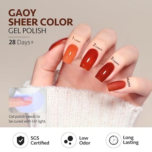 GAOY Jelly Tortoise Brown Gel Nail Polish Set, 6 Transparent Colors Dark Red Orange Pumpkin Soak Off UV Light Cure Gel Polish Kit for Salon and Nail Art DIY at Home thumbnail 5