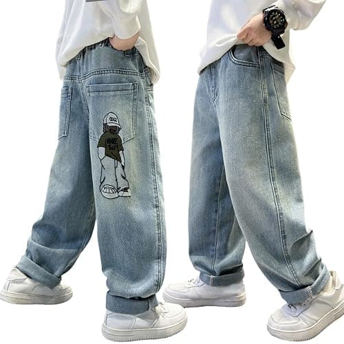 Nivne Tco Boys Baggy Jeans, Y2K Pants with Cartoon Embroidery - Fashion Loose Fit Casual Pants with Pockets for Kids. - Image 1