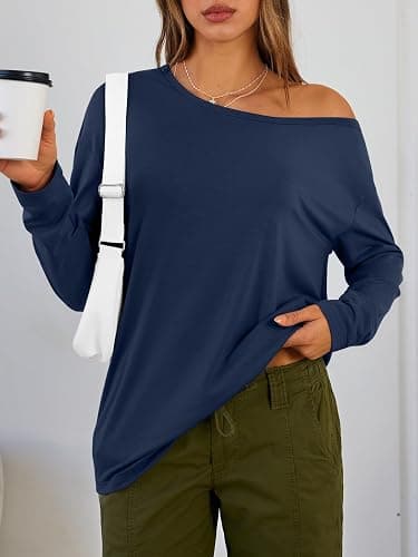 Trendy Queen Womens Off The Shoulder Tops Oversized Tshirts Long Sleeve 2025 Casual Basic Tees thumbnail 6