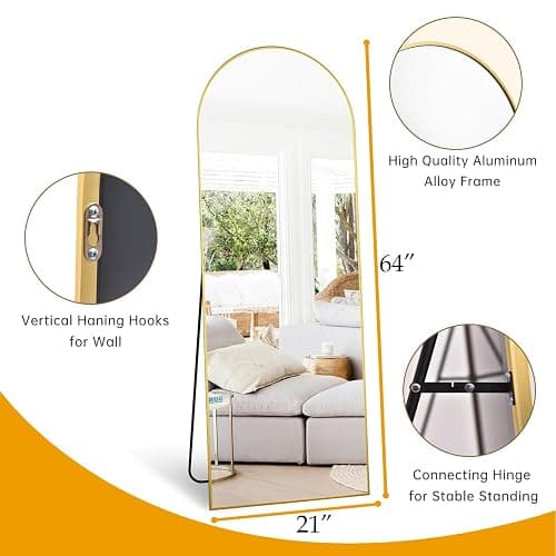 Dewfig Arched Full Length Mirror, 64"*21", Large Floor Mirror with Stand, Full Body Mirror Standing Mirror for Leaning or Hanging Bedroom, Living Room,Dressing Room, Aluminum Alloy Frame, Gold - Gold - 64"L x 21"W thumbnail 5